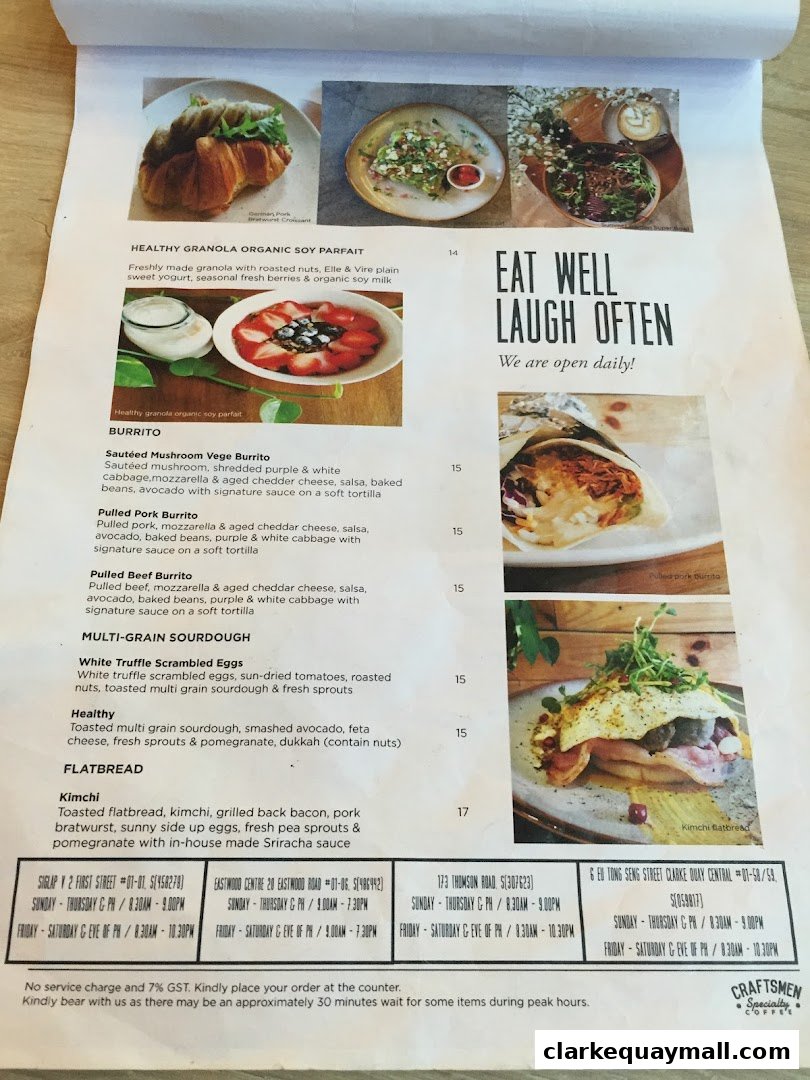 A menu from Craftsmen Coffee featuring various breakfast and brunch items with accompanying photos.