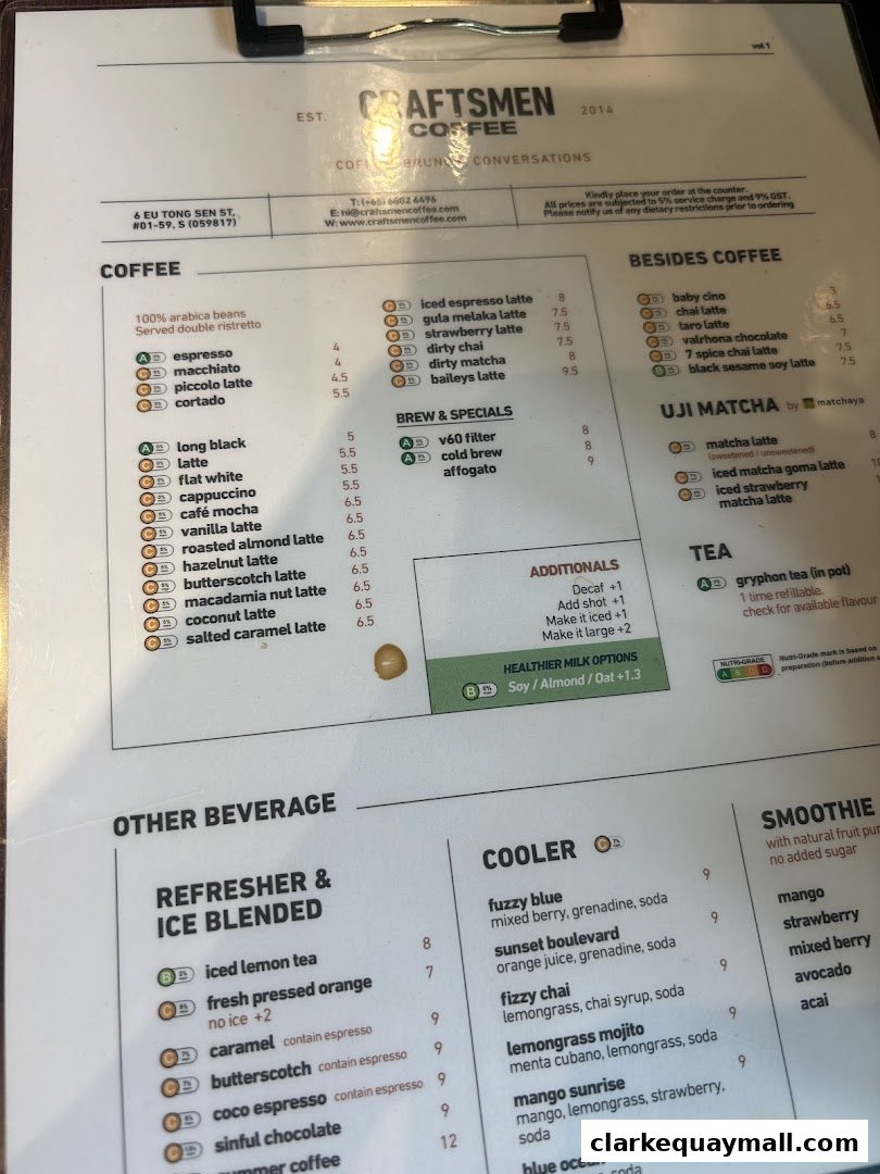 A menu from Craftsmen Coffee featuring coffee, tea, and other beverages with prices.