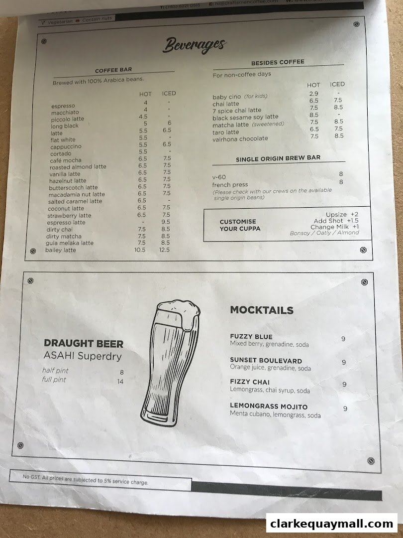 A menu from Craftsmen Coffee Clarke Quay Central featuring beverages like coffee, mocktails, and draught beer.