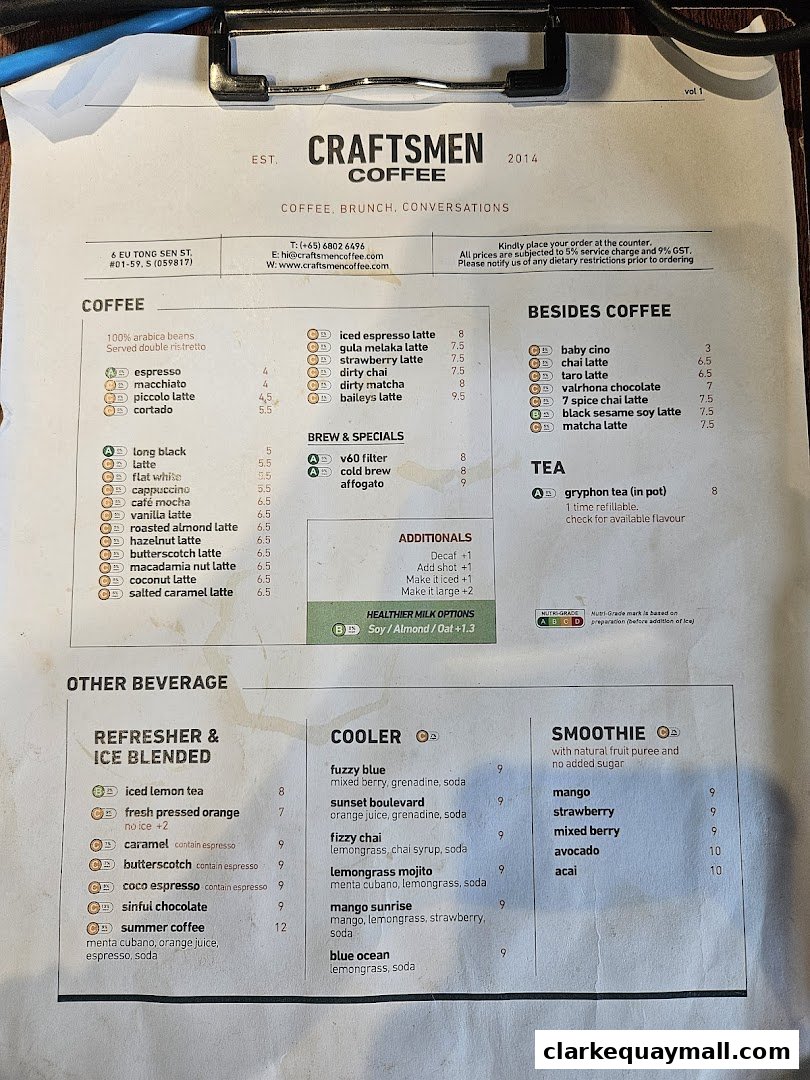 A menu from Craftsmen Coffee featuring coffee, tea, coolers, and smoothies.