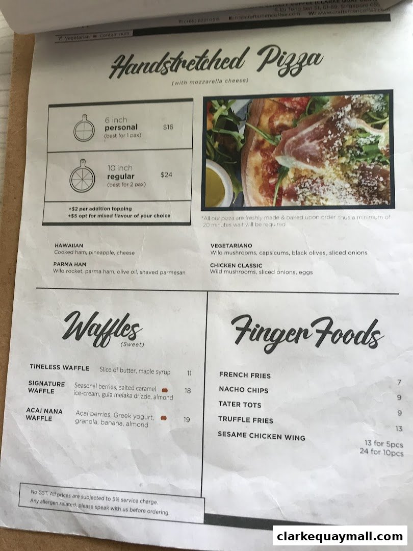 A menu featuring handstretched pizzas, waffles, and finger foods with prices and descriptions.