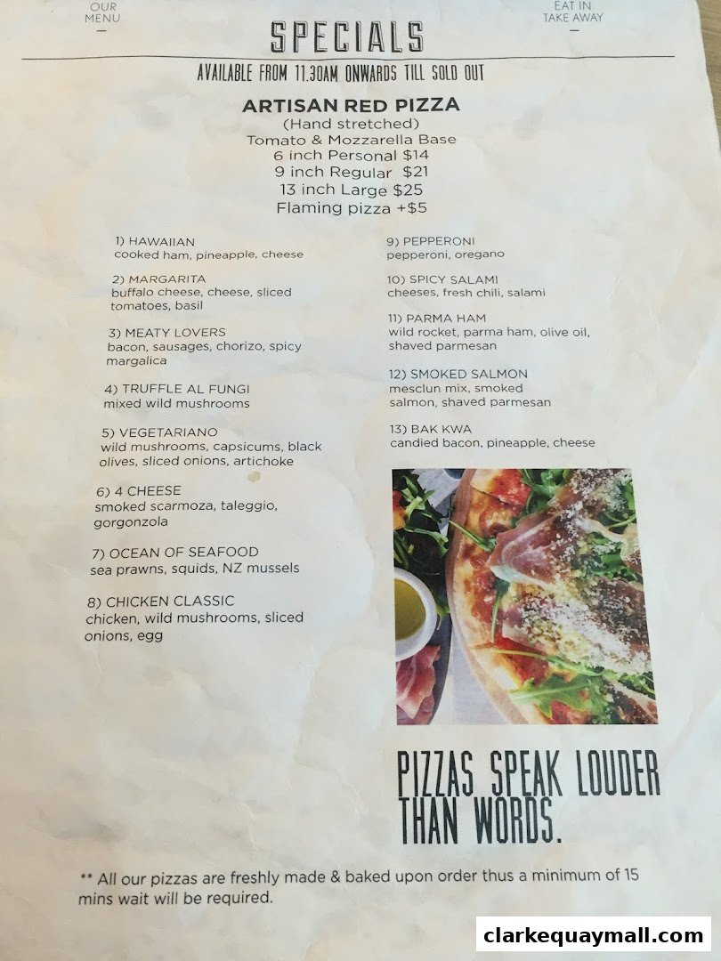 A menu featuring Artisan Red Pizza specials with various toppings and sizes.