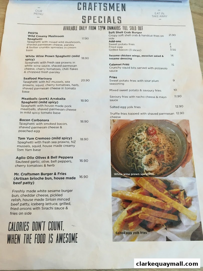 A menu from Craftsmen Coffee featuring pasta, burgers, and fries with prices and descriptions.