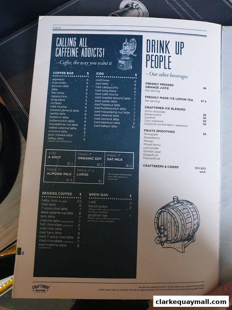A menu from Craftsmen Coffee Clarke Quay Central featuring coffee, iced drinks, smoothies, and craft beers.