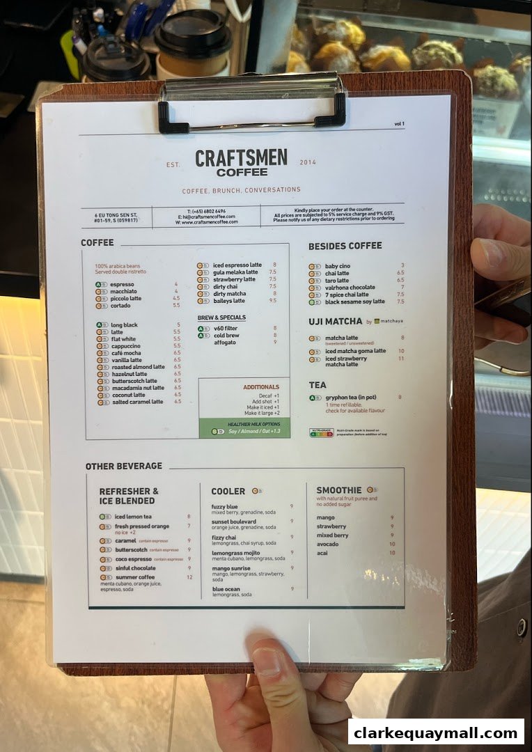 A menu from Craftsmen Coffee featuring coffee, tea, smoothies, and other beverages.