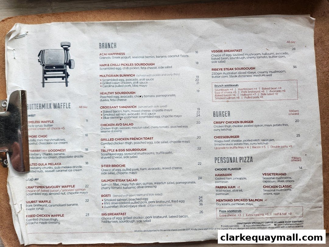 A menu from Craftsmen Coffee Clarke Quay Central featuring brunch, burgers, and personal pizzas.