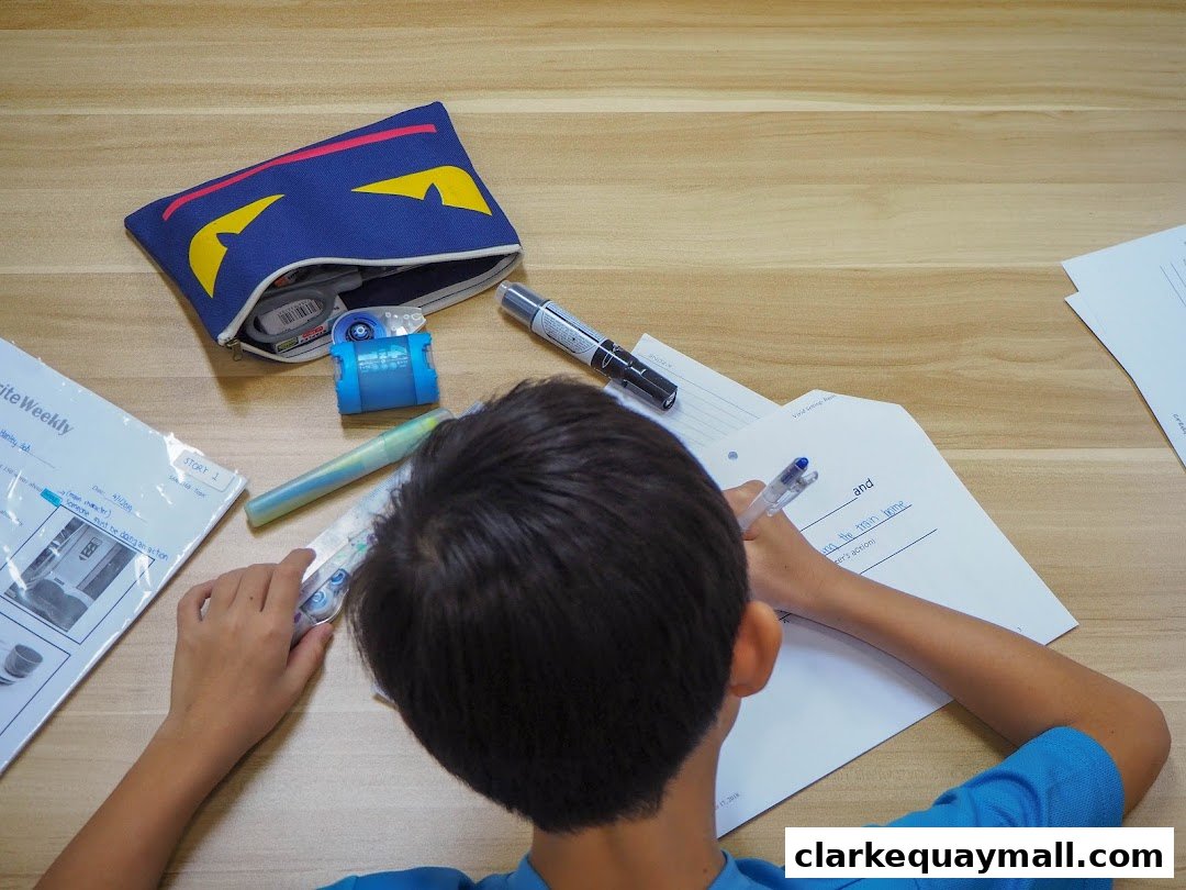 A child is writing on a worksheet with a pen, surrounded by stationery.