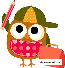 A cartoon owl wearing a baseball cap and holding a pencil, with a satchel.