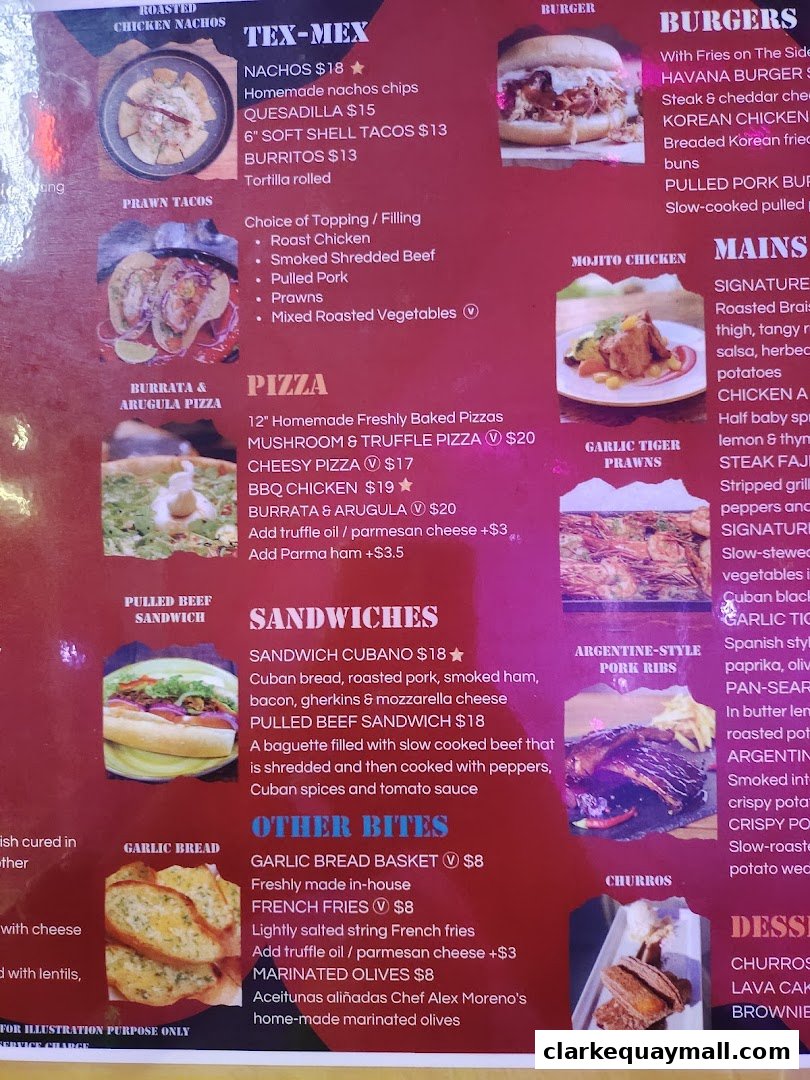 A menu featuring Tex-Mex, burgers, pizzas, sandwiches, and other bites with prices.