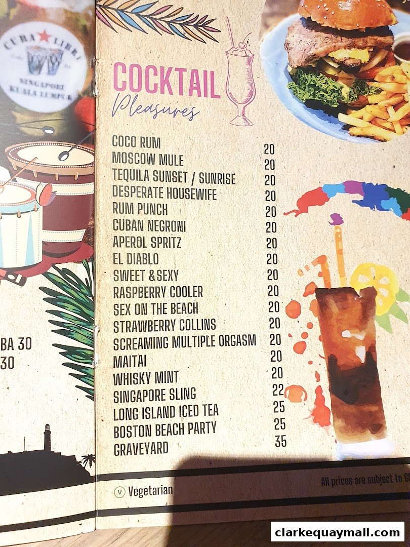 A menu page from Cuba Libre Cafe Bar featuring cocktails and a burger.