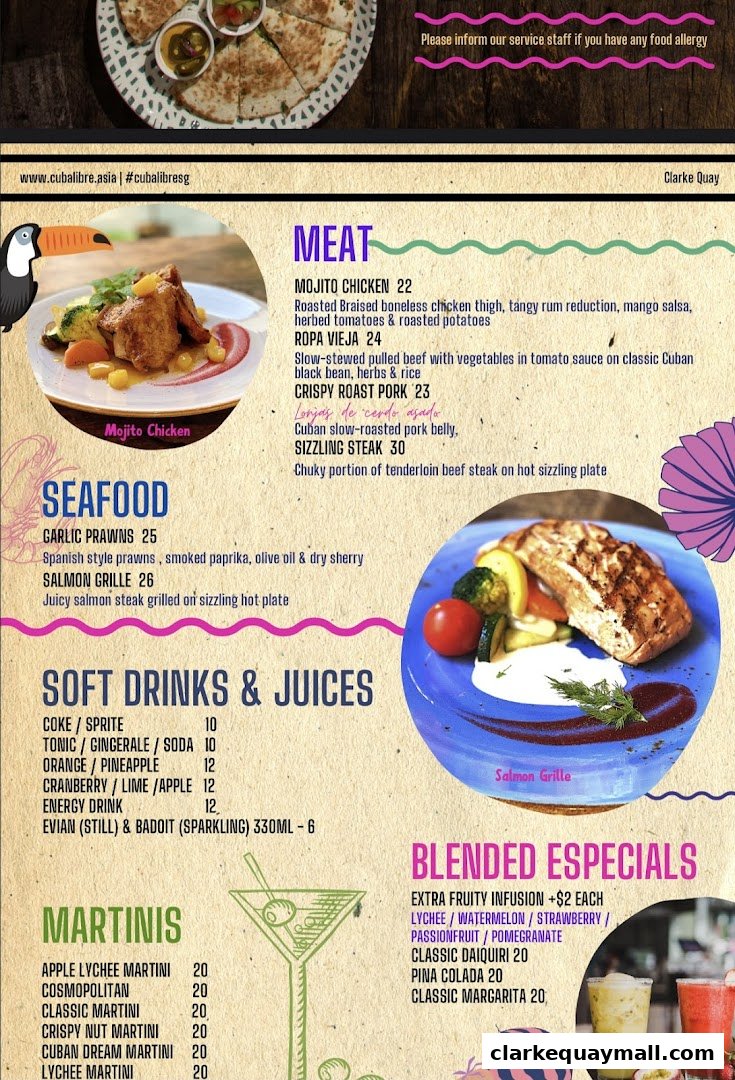 A menu for Cuba Libre Cafe Bar featuring meat, seafood, drinks, and martinis.