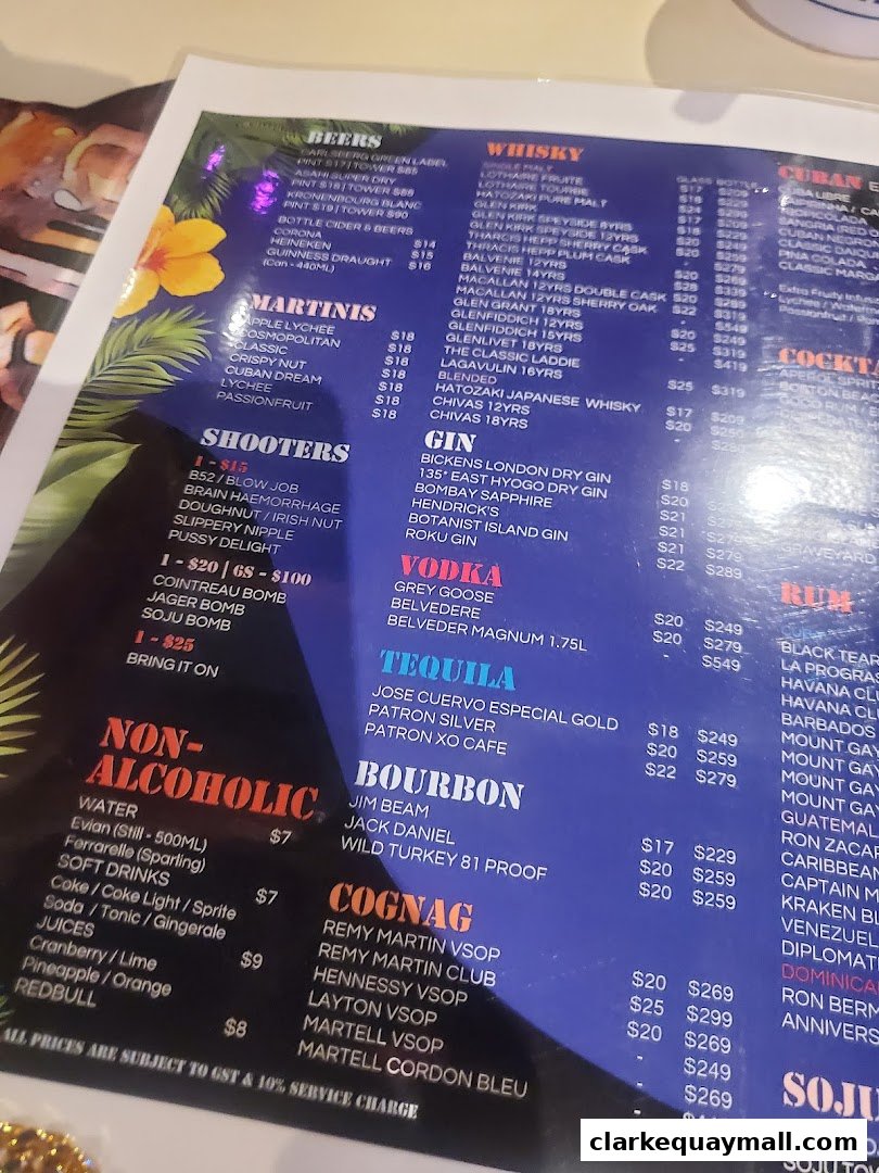 A menu from Cuba Libre Cafe Bar featuring a wide selection of beers, whiskies, martinis, shooters, and non-alcoholic drinks.
