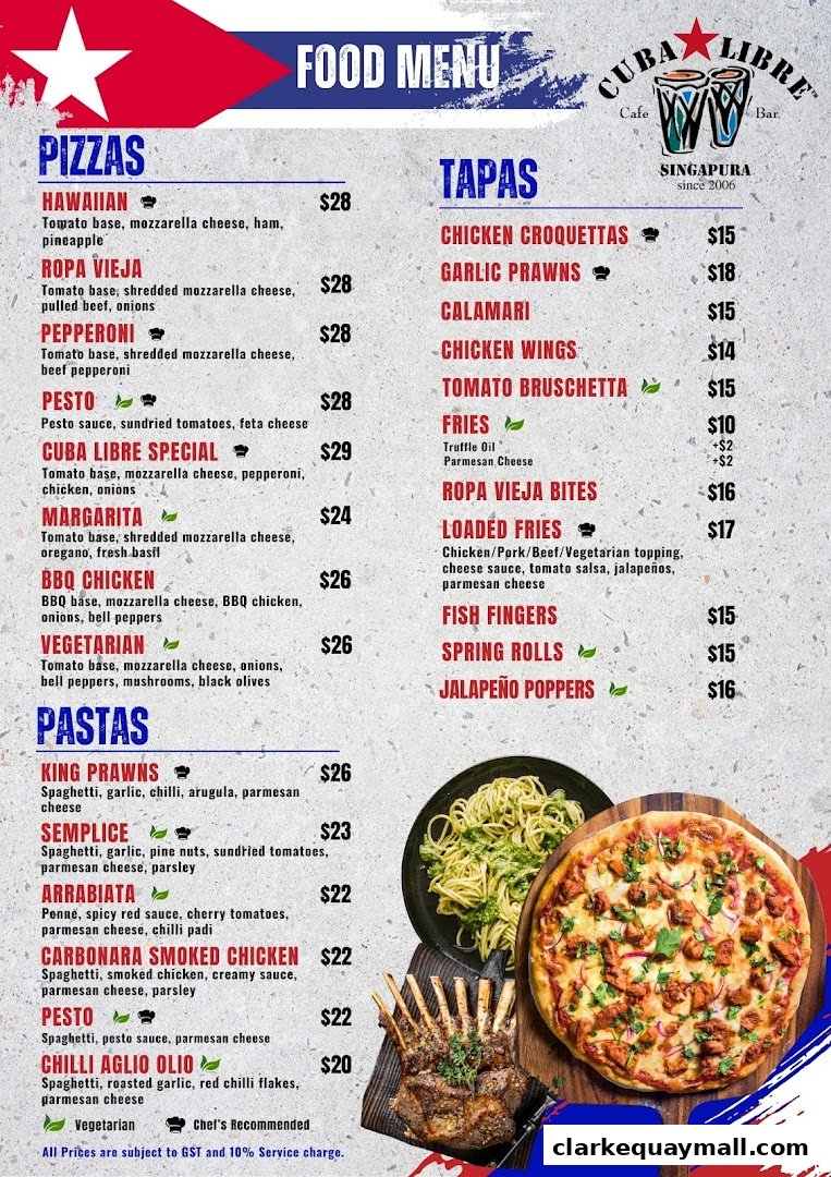 A food menu for Cuba Libre Cafe Bar featuring pizzas, tapas, and pastas with prices.