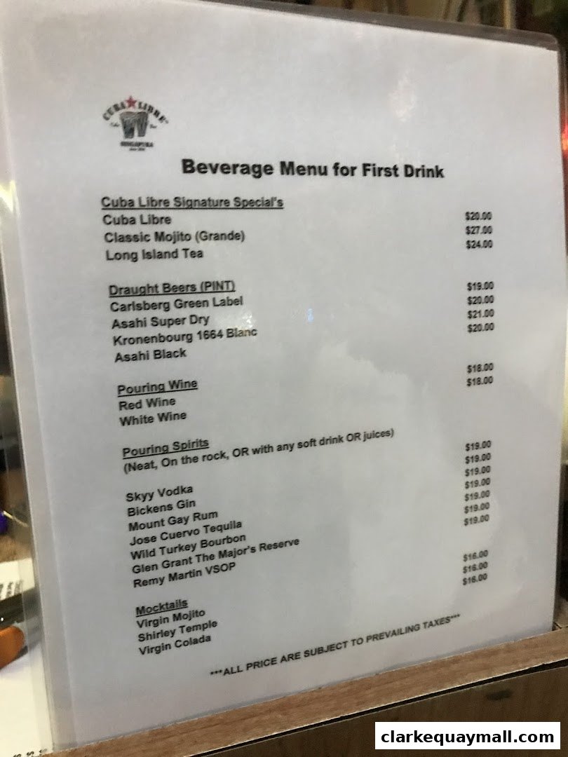 A beverage menu for Cuba Libre Cafe Bar, featuring signature specials, draught beers, wines, spirits, and mocktails.