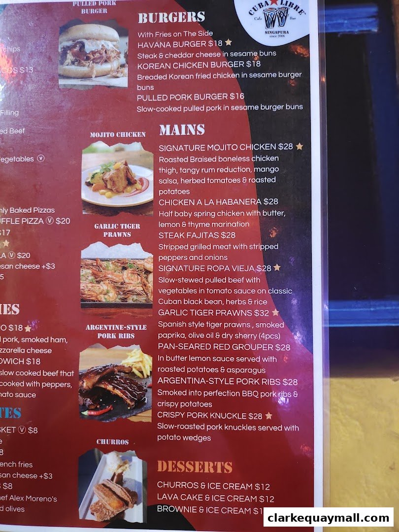 A menu from Cuba Libre Cafe Bar featuring burgers, mains, and desserts with prices.