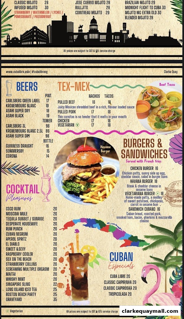 A vibrant menu for Cuba Libre Cafe Bar, featuring cocktails, beers, Tex-Mex, burgers, and Cuban specials.