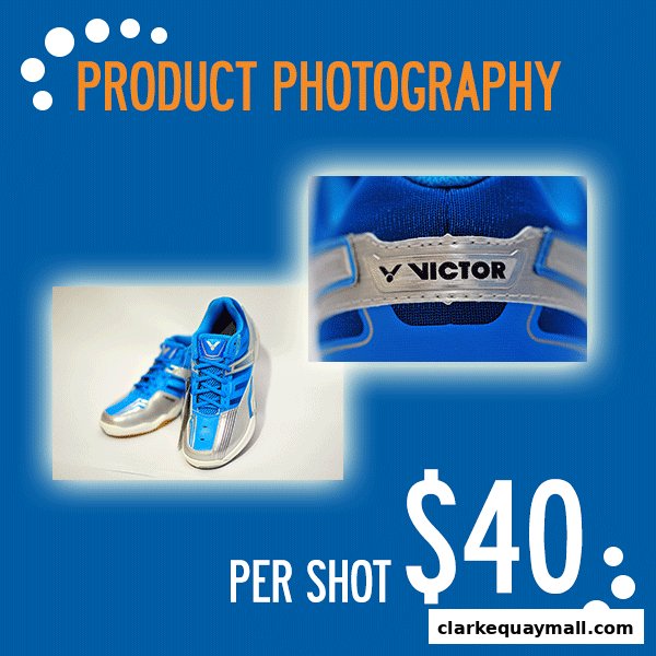 Product photography advertisement for shoes, priced at $40 per shot.