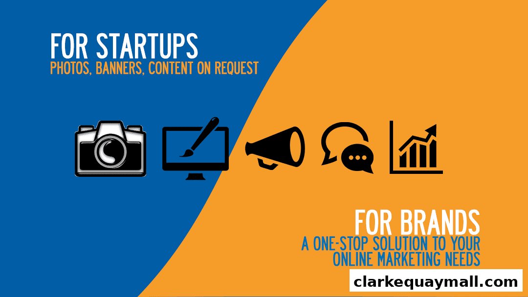 Graphic design and marketing services for startups and brands, featuring icons for photography, design, promotion, and growth.