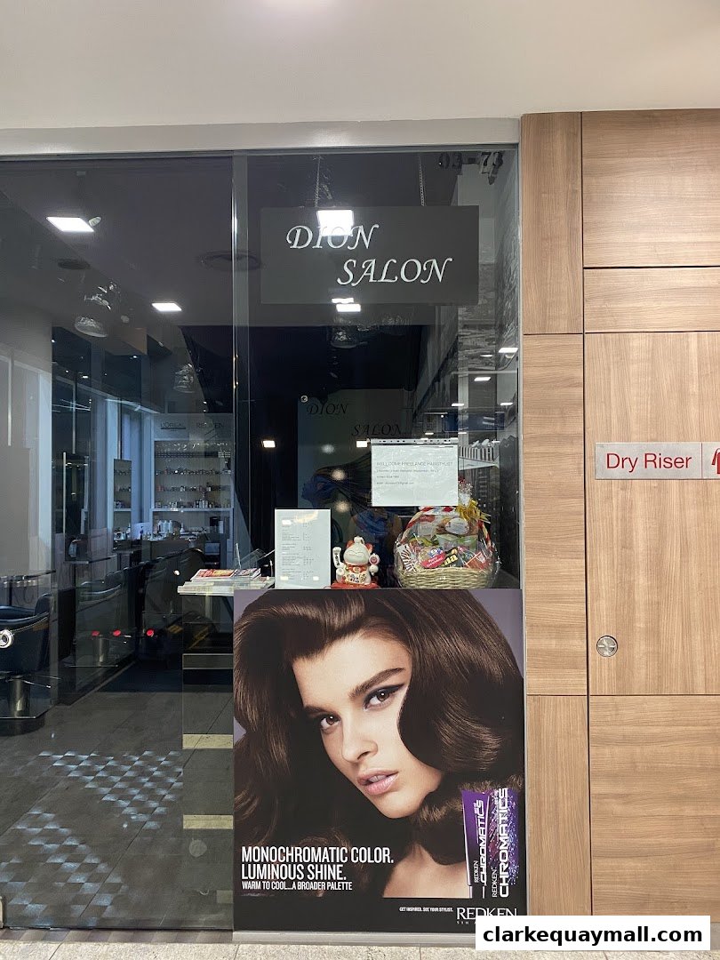The entrance to Dion Salon, featuring a large advertisement for Redken hair products.