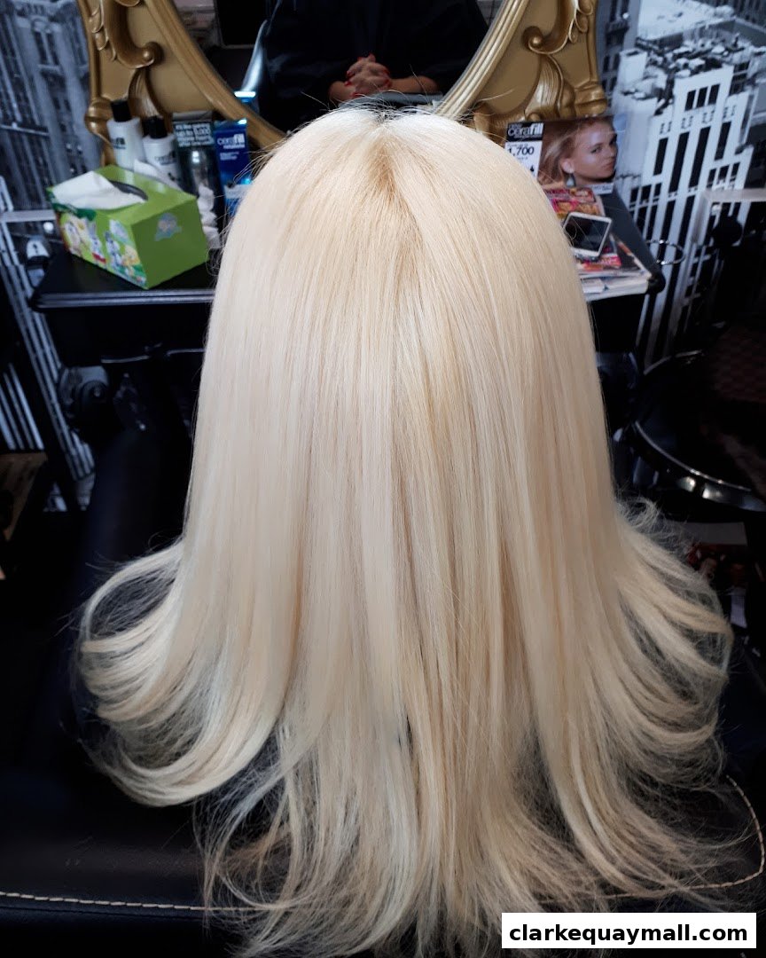 A person's back with long, blonde hair styled in a salon.