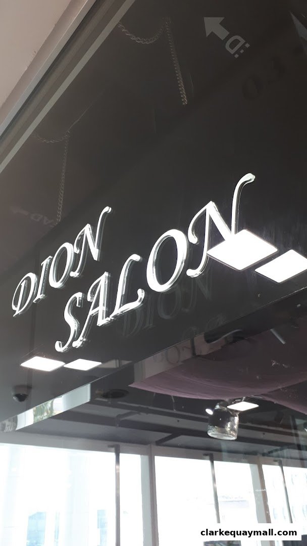 The illuminated sign for Dion Salon is displayed on a dark, reflective surface.