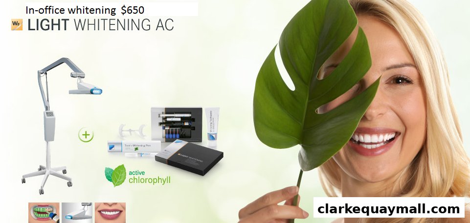 A smiling woman with a leaf covering her eye, showcasing teeth whitening products and equipment.