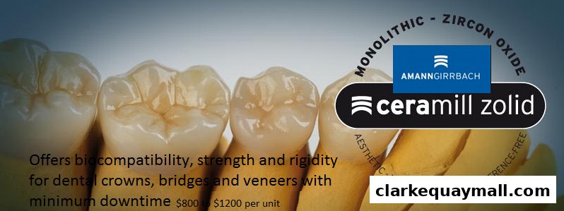 Close-up of dental crowns and veneers with product branding and pricing.