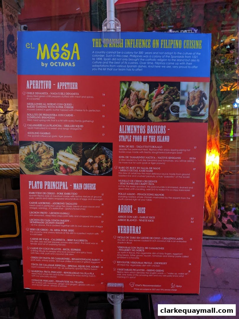 A menu for El Mesa Filipino Seafood Grill, featuring Spanish-influenced Filipino cuisine.