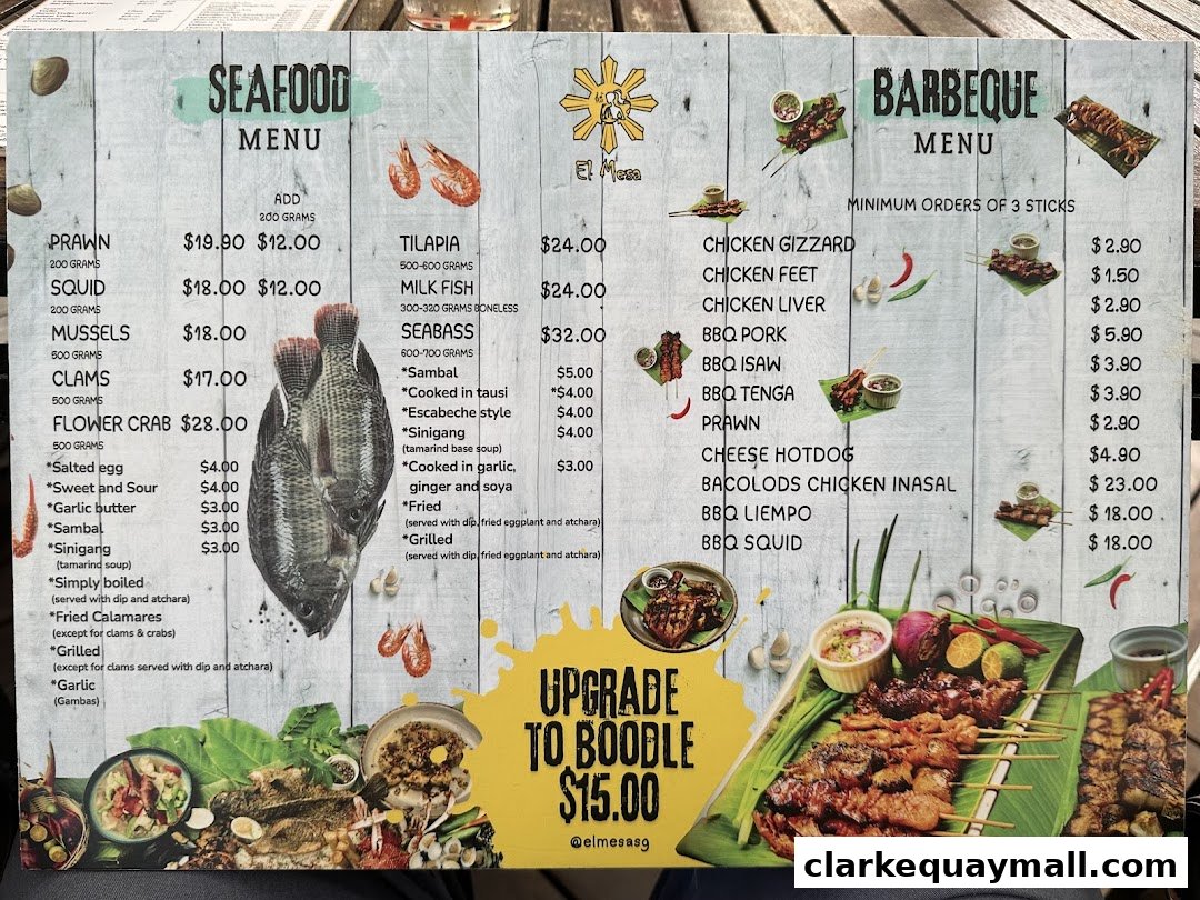 A menu for El Mesa Filipino Seafood Grill featuring seafood and barbeque items.