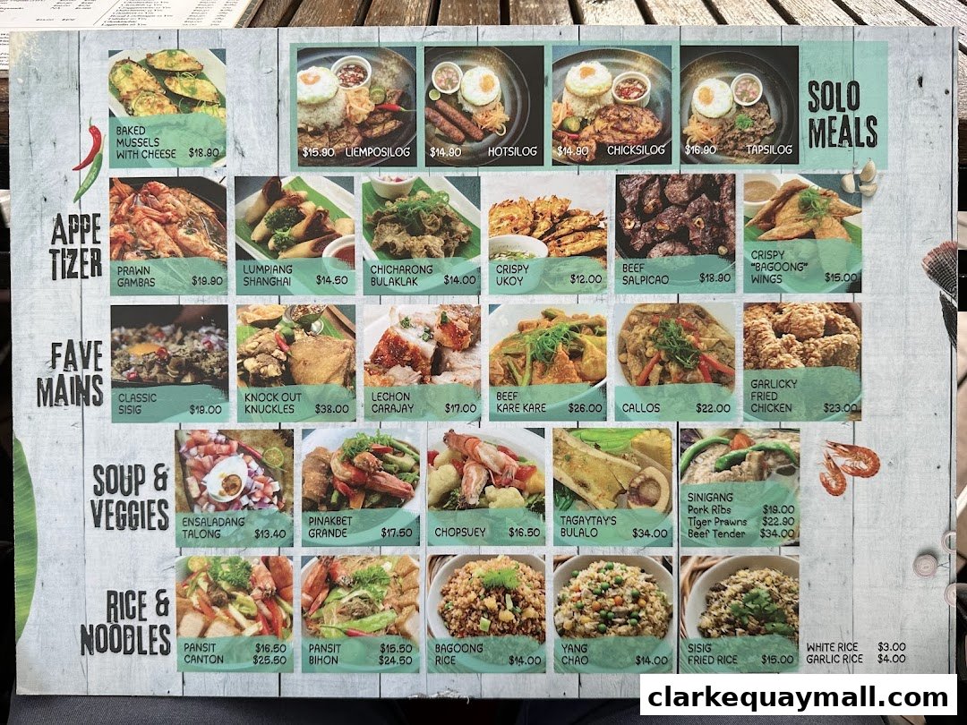 A menu featuring Filipino seafood and grilled dishes with vibrant food photography.