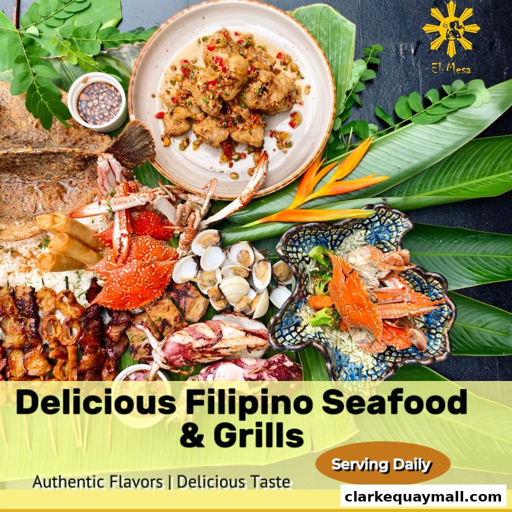 A spread of Filipino seafood and grilled dishes, including crabs, clams, spring rolls, and skewers.