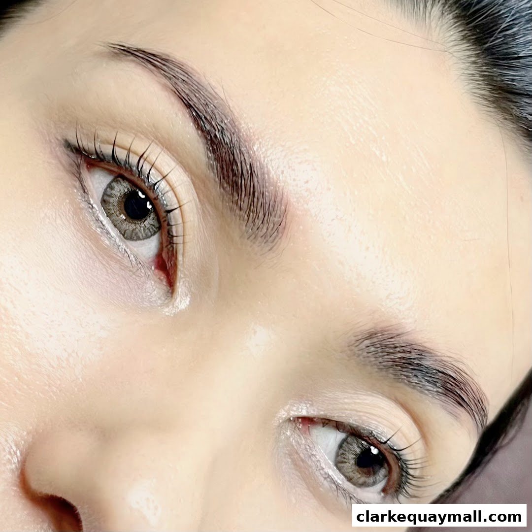 Close-up of a person's eyes showcasing perfectly shaped eyebrows and lashes.