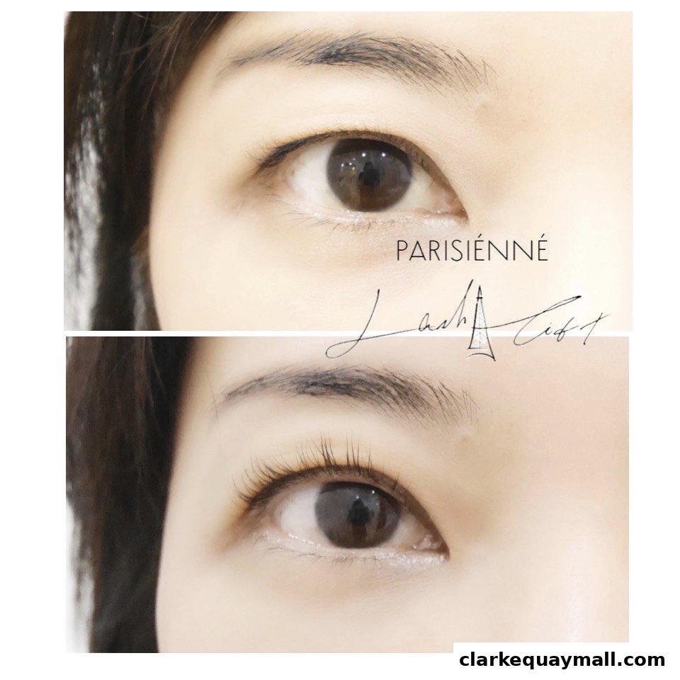 Before and after comparison of a lash lift treatment on a woman's eyes.