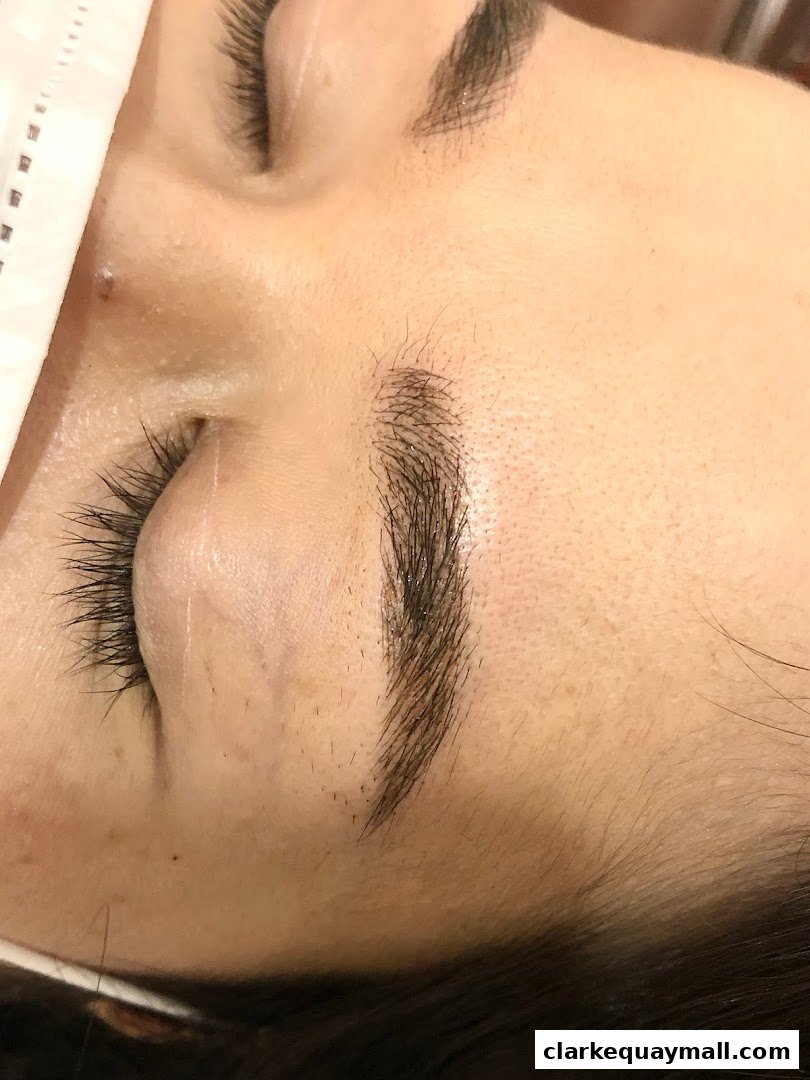 Close-up of a person's eye and eyebrow area, showcasing detailed brow work.
