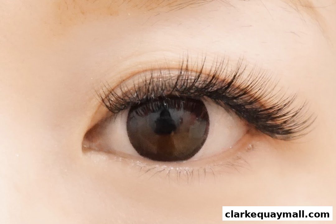 A close-up shot of a person's eye with beautifully applied false eyelashes.