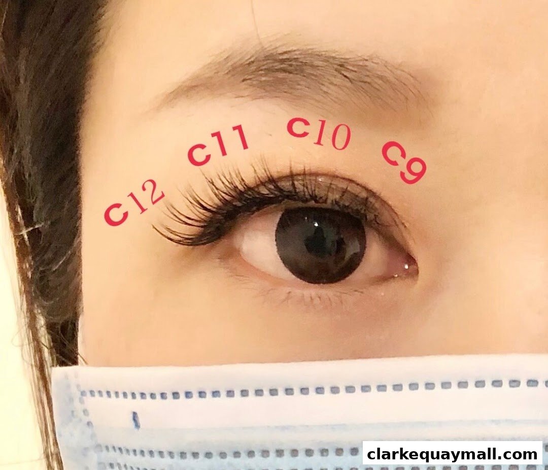 Close-up of an eye with eyelash extensions, showing different lengths labeled c12, c11, c10, and c9.