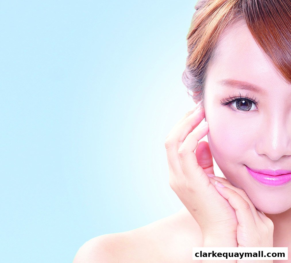 Close-up of a woman's face with clear, glowing skin and delicate hands touching her cheek.