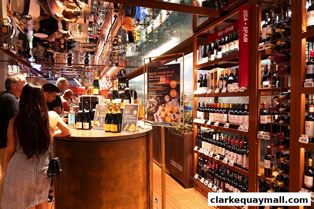 People browsing a well-stocked wine and spirits store with a bar area.