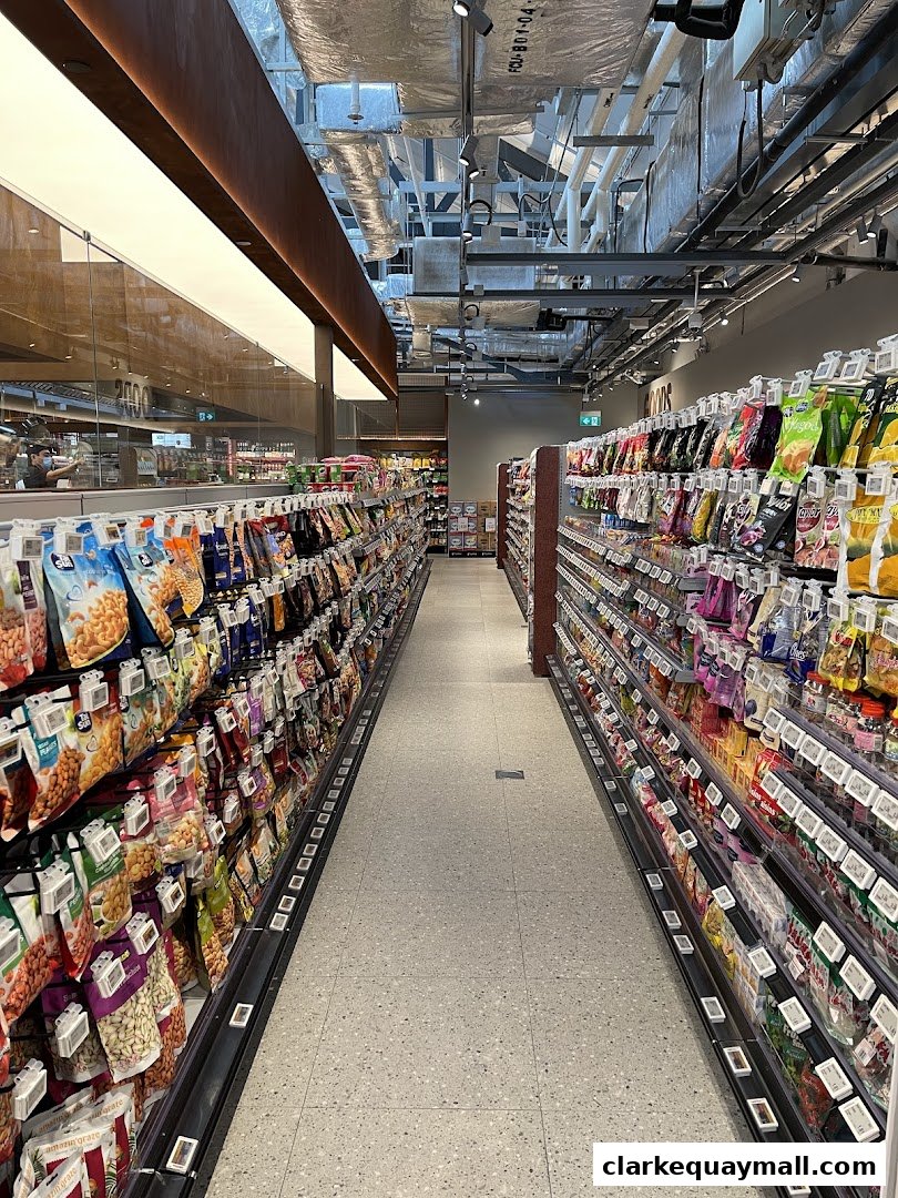 A wide aisle in a well-stocked supermarket with shelves full of packaged snacks and food items.