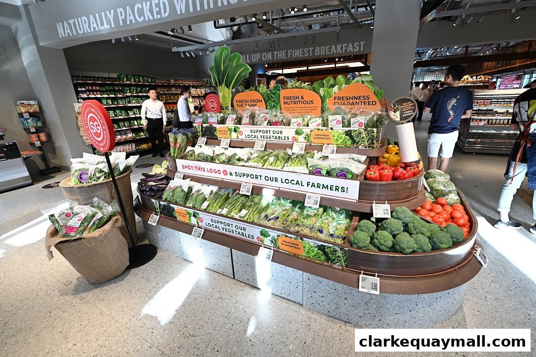 A display of fresh local vegetables and produce in a supermarket.