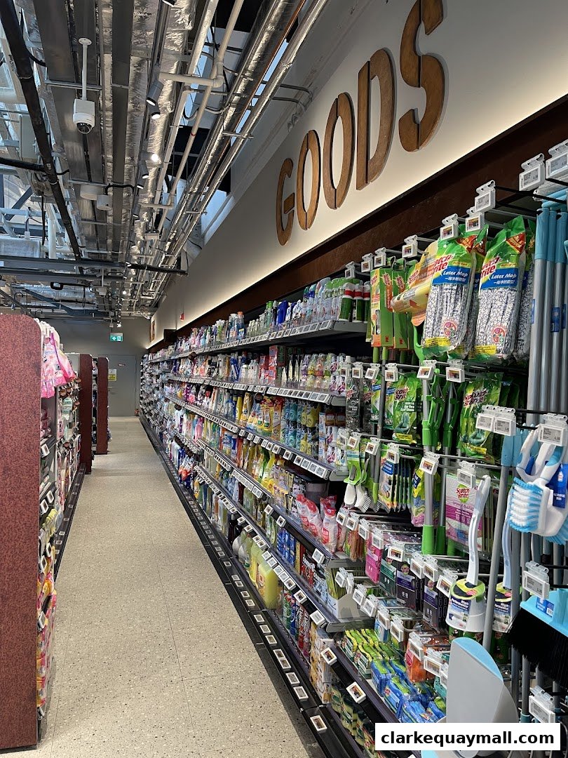 A wide aisle in a supermarket stocked with cleaning supplies and household goods.