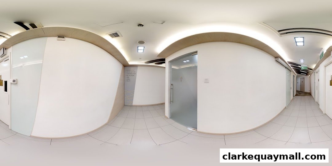 Interior view of a modern office hallway with multiple doors and contemporary lighting.