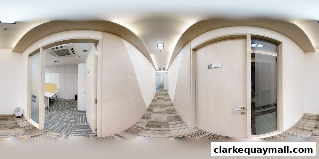 A modern office hallway with multiple doors and a view into a private office.