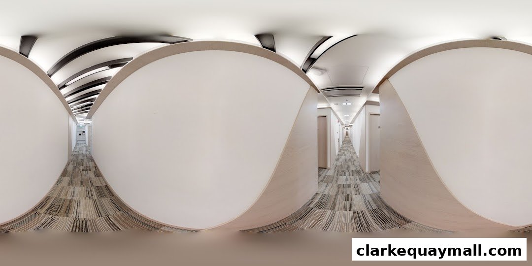 A panoramic view of a modern hotel corridor with white walls and a patterned carpet.