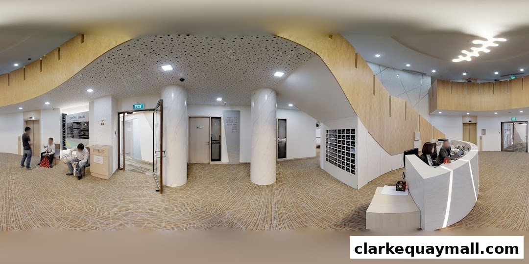 Modern reception area with a curved desk, seating, and elevators.