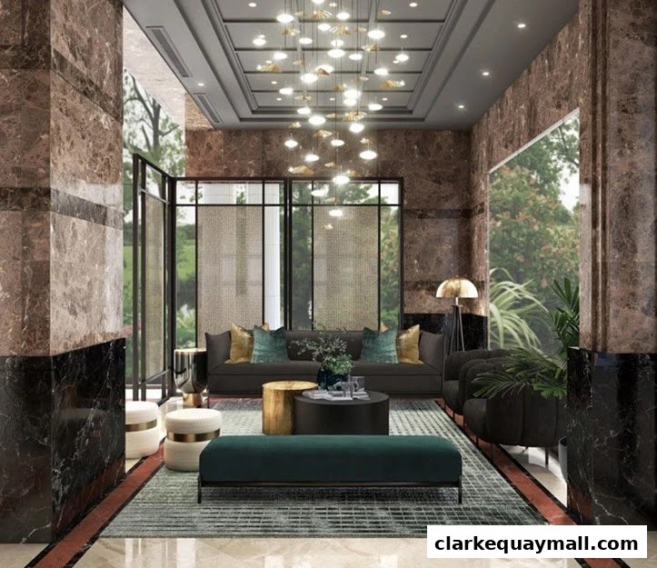 Luxurious lobby with marble accents, plush seating, and modern lighting.