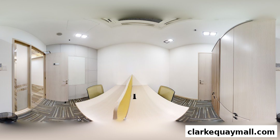 Interior view of a modern office space with desks, chairs, and meeting rooms.