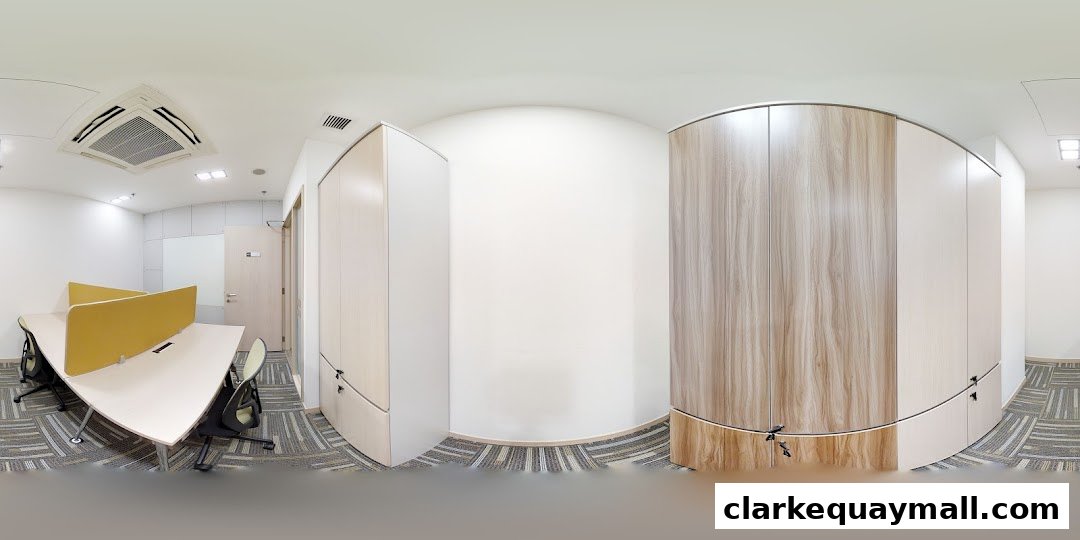 Modern office interior with desks, chairs, and built-in cabinets.