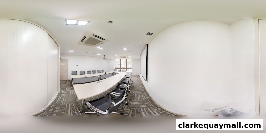 A modern conference room with a long table, chairs, and a projector screen.