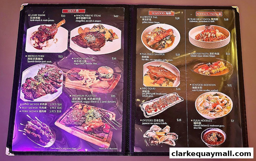 A menu featuring various meat, seafood, and noodle dishes with accompanying images.